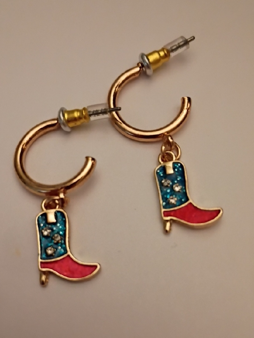 Gold Hoop Earrings with Red and Blue Cowboy Boot Charms
